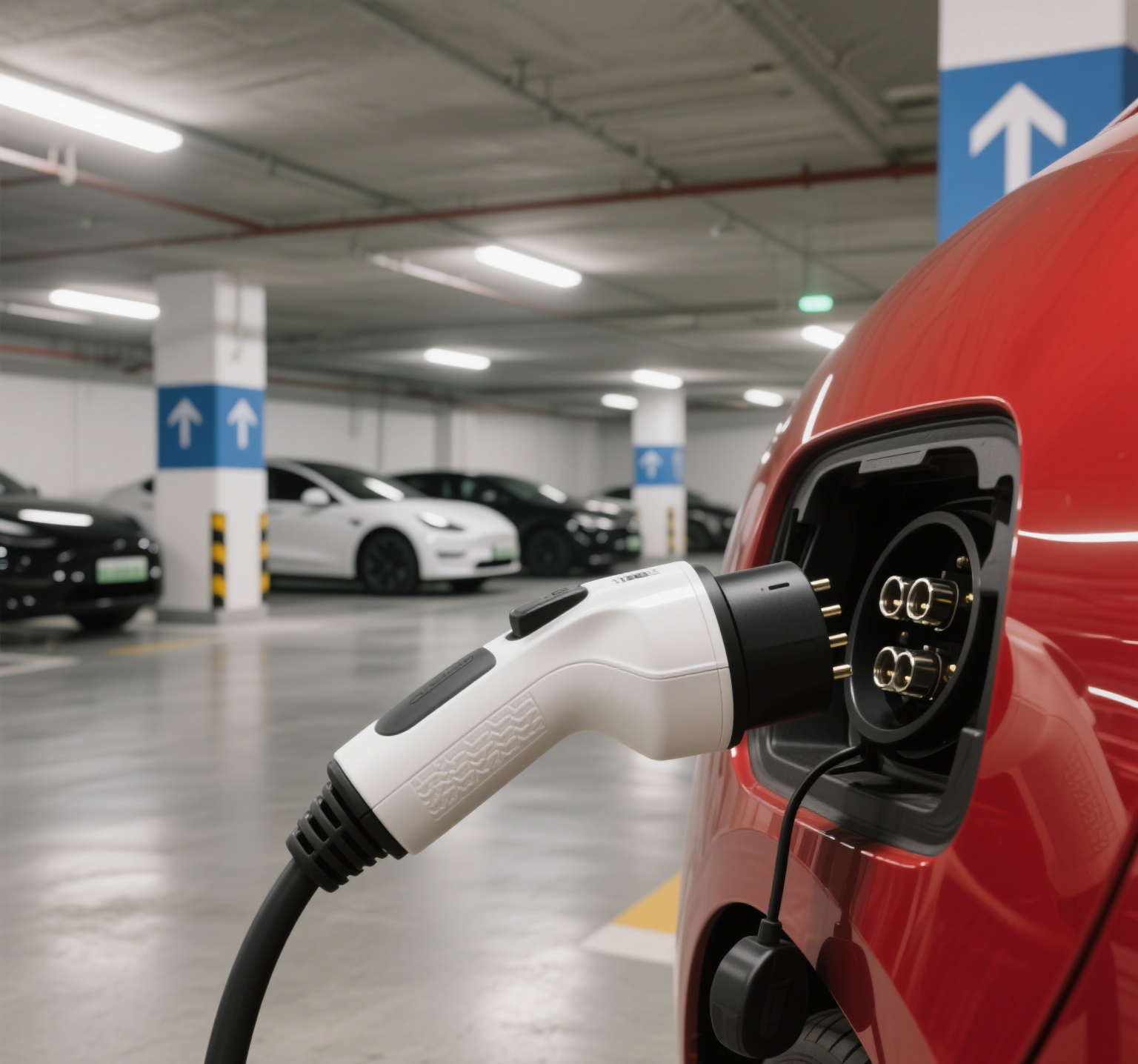 El EV rojo se cobra en el garaje