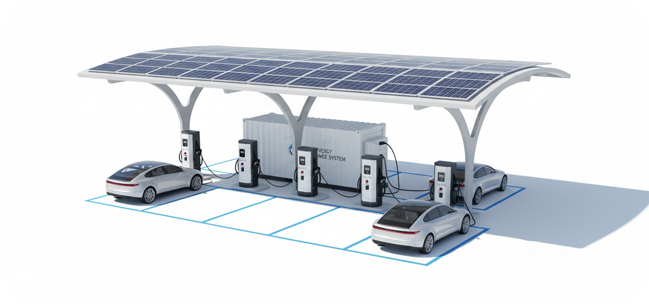 Cargador DCev con gabinete de bater&iacute;a de almacenamiento de energ&iacute;a solar